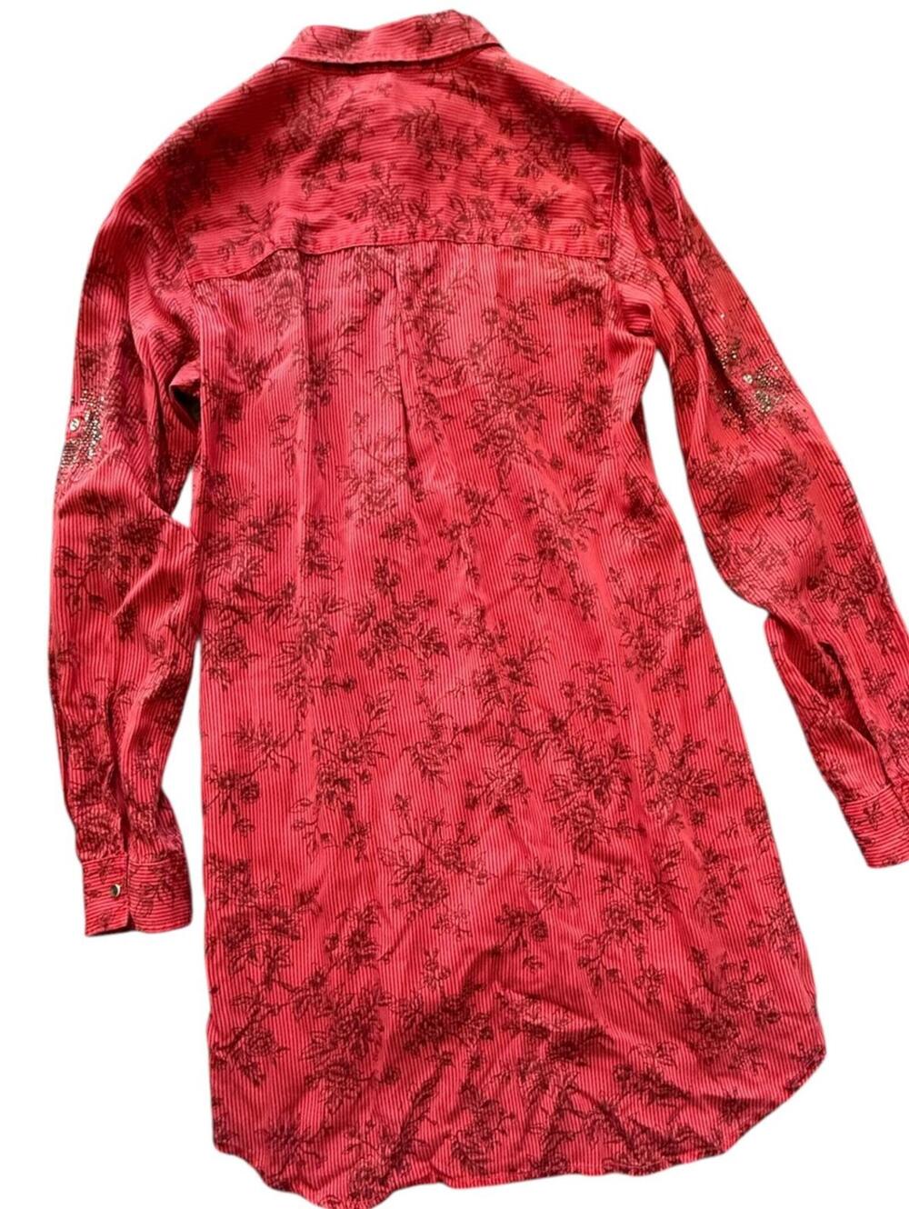 Dshe  Red Floral Stripe Snap Button Shirt Dress Rhinestone Embellished S - Picture 2 of 6